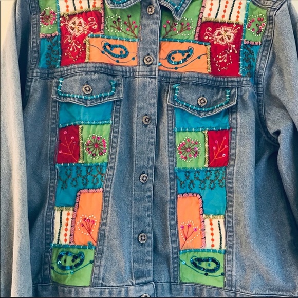 Vintage Ladies Patchwork Quilt Sequin Jean Jacket - Picture 4 of 8